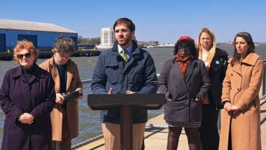 Senator Andrew Gounardes joins colleagues and community leaders to advocate for state funding for the Brooklyn-Governors Island ferry.